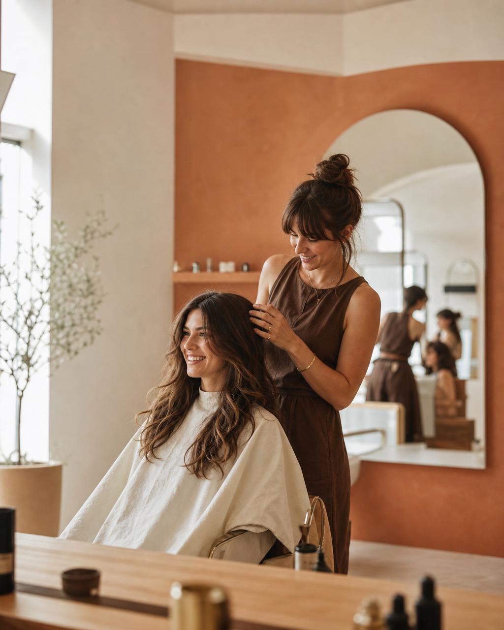 A stylist working with a smiling client in a warm boutique salon